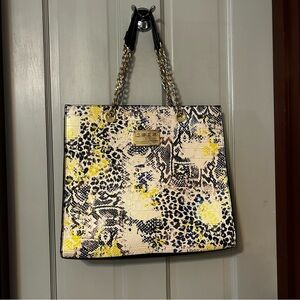 Bebe Large Tote Shoulder Bag Snakeskin Print Black Yellow Gold Chain